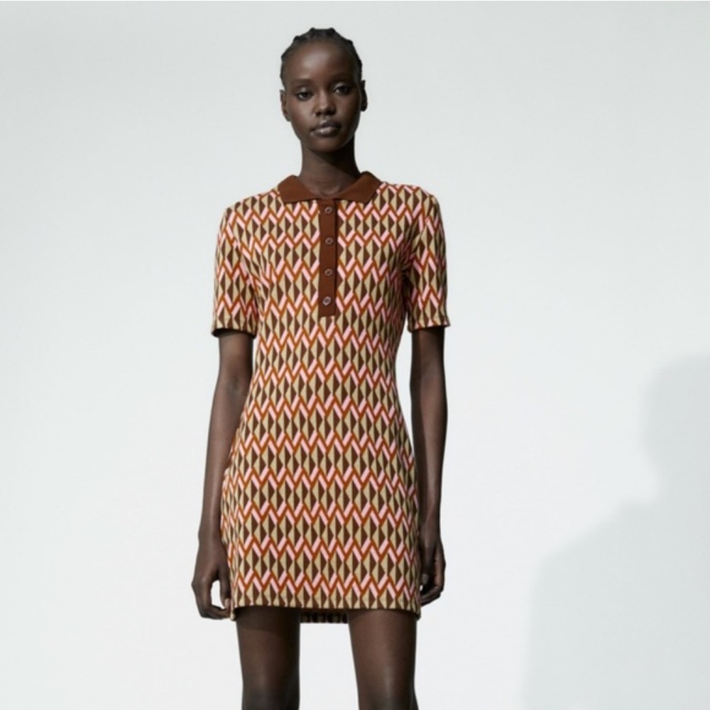 Zara Geometric Mini Dress in Brown and Pink